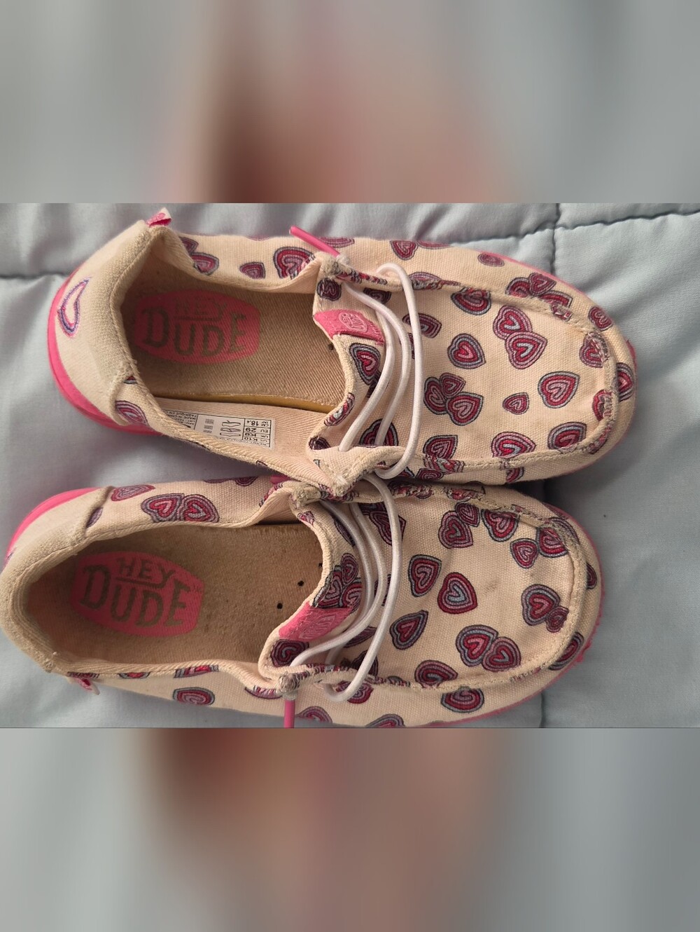 Hey Dude Kids Cream Canvas Slip-Ons with Pink Heart Print
